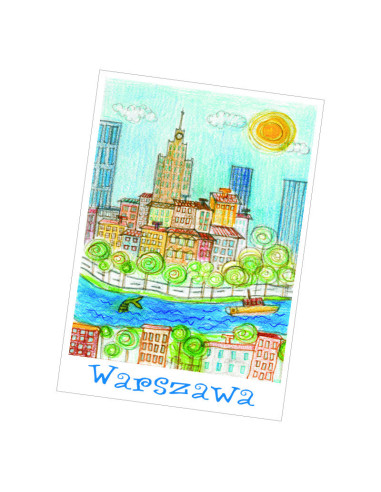 Pocztówka z rysunkiem Pałacu Kultury i Nauki w Warszawie w stylu naiwnym